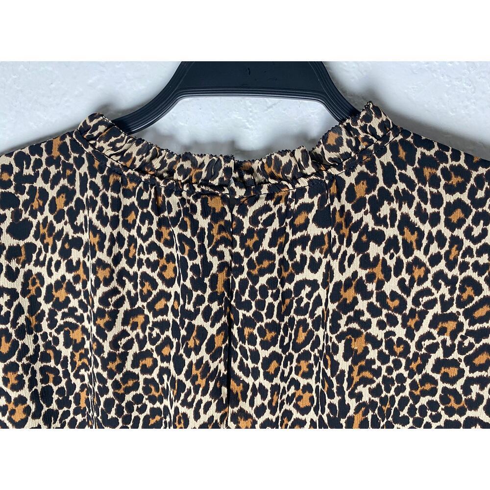 J. Crew Women's Tan Black Leopard Print Ruffle Neck Short Sleeve Peplum Blouse - Picture 6 of 12